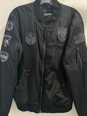 Express Men's Black Patch Flight Bomber Pilot Jacket, size Medium